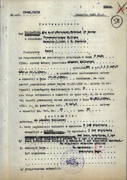 Odpis Postanowienia Sądu Wojewódzkiego dla m.st. Warszawy z 8 maja 1956 r. o zastosowaniu w sprawie Adama Kellera ustawy amnestyjnej (z zasobu AIPN)