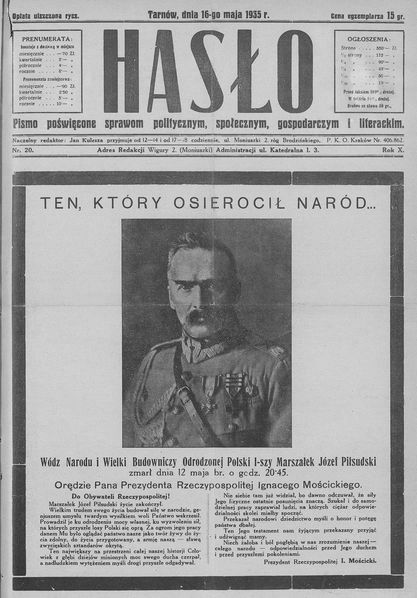 Pierwsza strona czasopisma „Hasło” (1935, nr 20), informująca o śmierci Józefa Piłsudskiego, która nastąpiła 12 maja 1935 r. o godz. 20.45. Tarnów, 16 maja 1935 r. Ze zbiorów Jagiellońskiej Biblioteki Cyfrowej