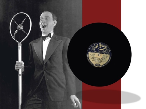 Kazimierz Krukowski, lata 30. XX w. (fot. ze zbiorów NAC) oraz sowiecka płyta z 1940 lub 1941 r. (zbiory Bartosza Januszewskiego) z kompozycją <i>Niczego nie znaju</i> (oryginalny polski tytuł <i>Nic o tobie nie wiem</i>)