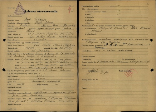 Arkusz streszczenia sprawy dot. Tadeusza Bejta (z zasobu AIPN)