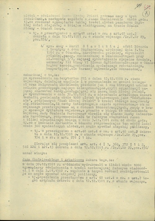 Fragment wyroku Sądu Marynarki Wojennej w Gdyni wydanego 22 IV 1982 r. w sprawie karnej prowadzonej m.in. przeciwko Annie Stawickiej (z zasobu IPN)