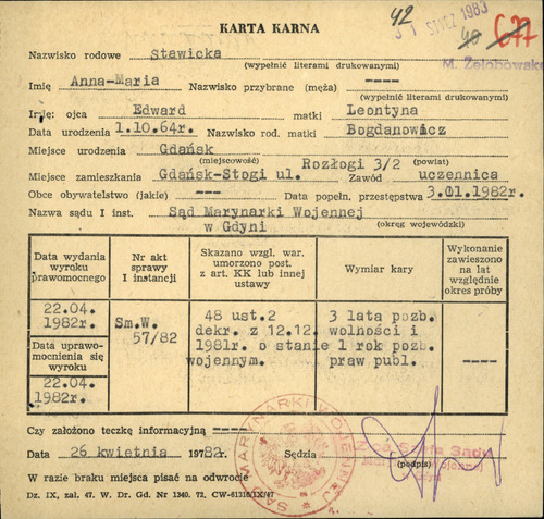 Karta Karna dotycząca Anny Marii Stawickiej (z zasobu IPN)