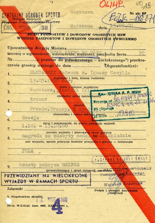 Dokument z 15 września 1980 r. wznawiający paszport Tadeuszowi Ślusarskiemu wystawiony w celu odbioru nagrody za zdobycie srebrnego medalu olimpijskiego w Moskwie w 1980 r. (z zasobu AIPN)