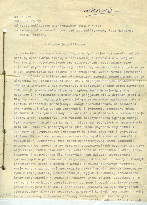 Informacja polityczna Wydziału Polityczno-Wychowawczego Stołecznego Urzędu Spraw Wewnętrznych dotycząca zachodnich doniesień medialnych w związku z awarią czarnobylskiej elektrowni (fragment). Warszawa, 9 maja 1986 r. (z zasobu AIPN)