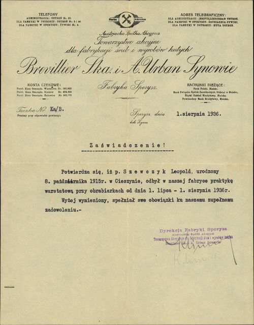 Zaświadczenie z 1936 r. potwierdzające odbycie przez Leopolda Szewczyka praktyki w Fabryce Sporysz