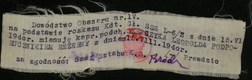 Odpis rozkazu komendanta Obszaru Nr IV ZWZ gen. Tadeusza Bora-Komorowskiego „Prawdzica”, awansujący Leopolda Szewczyka na podporucznika