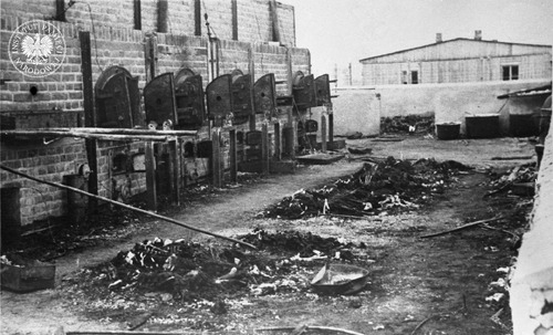 Piece do kremacji zwłok, z otwartymi drzwiczkami. Na środku leżące na ziemi spalone ludzkie szczątki. Zdjęcie wykonane w KL Lublin po wyzwoleniu obozu w lipcu 1944 r. Fot. Stanisław Magierski. Fot. z zasobu IPN