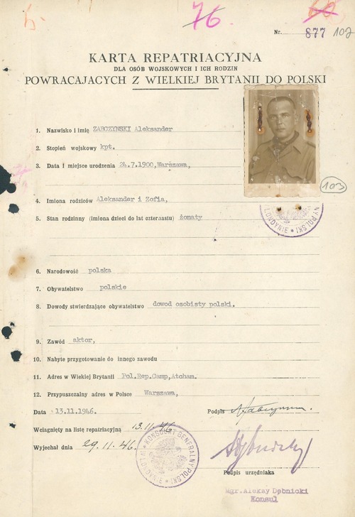 Karta repatriacyjna Aleksandra Żabczyńskiego z 1946 r. (z zasobu AIPN)
