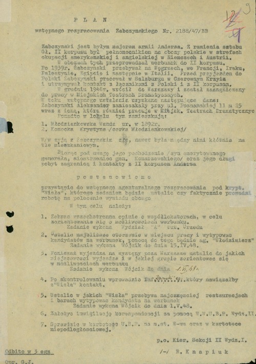 Plan wstępnego rozpracowania Aleksandra Żabczyńskiego w ramach sprawy operacyjnego rozpracowania krypt. „Wisła” (z zasobu AIPN)