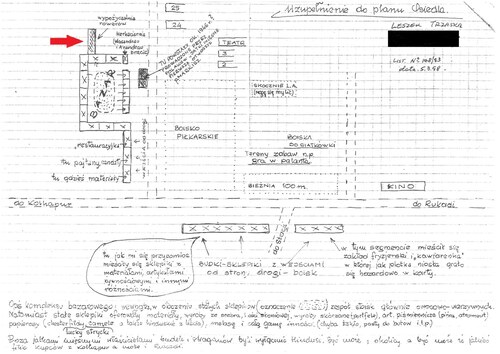 Fragment planu Osiedla Polskiego w Valivade koło Kolhapuru z zaznaczoną lokalizacją wypożyczalni rowerowej – szkic autorstwa Leszka Trzaski, 1998 r. (fot. z zasobu AIPN)