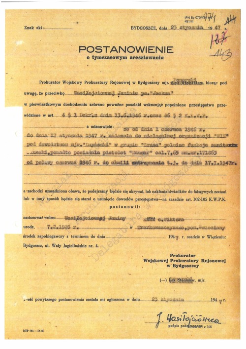 Postanowienie o tymczasowym aresztowaniu Janiny Wasiłojć (z zasobu IPN)