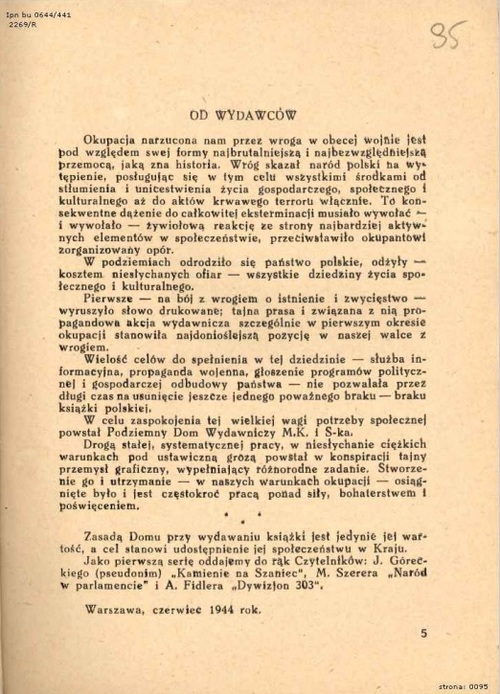 Słowo wstępne „od wydawców” zamieszczone w książce pt. „Kamienie na szaniec”, czerwiec 1944 r. (z zasobu IPN)