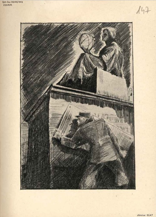 Ilustracja zamieszczona w wydaniu drugim „Kamieni na szaniec”, opublikowanym przez Podziemny Dom Wydawniczy M.K. i S-ka w 1944 r., pochodząca z egzemplarza książki przechowywanego w zasobie Archiwum IPN w Warszawie (z zasobu IPN)