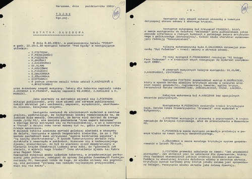 Notatka służbowa dot. występu kabaretu „Pod Egidą” w hotelu Forum w dniu 8 października 1981 r. (strony 1–2), październik 1981 r. (z zasobu AIPN)