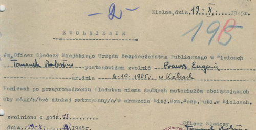 Nakaz zwolnienia z 1945 r. (zbiory Archiwum IPN w Kielcach)