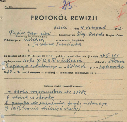 Protokół rewizji w domu E. Prauss (zbiory Archiwum IPN w Kielcach)