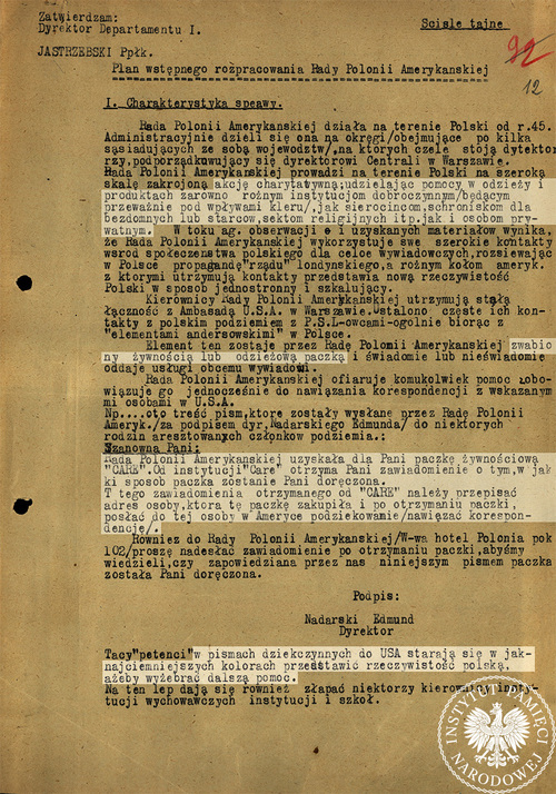 Notatka z 1948 roku dotycząca rozpracowania Rady Polonii Amerykańskiej