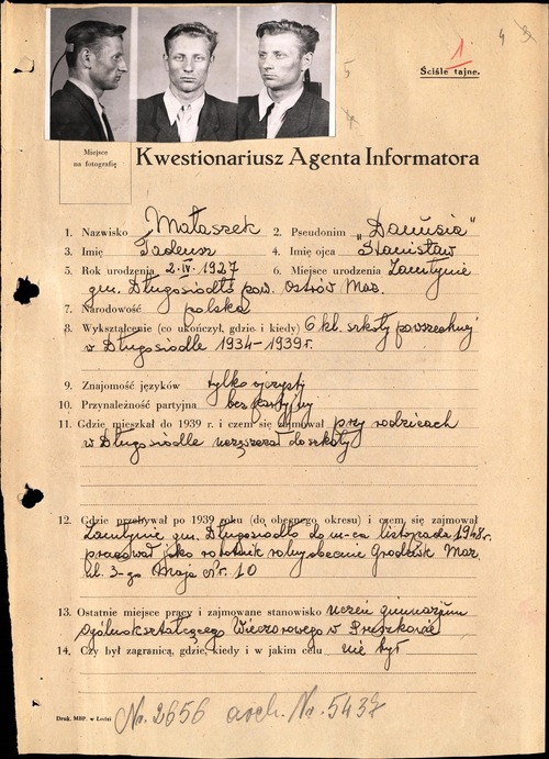 Kwestionariusz Agenta Informatora (pierwsza strona wraz z fotografią) dotyczący Tadeusza Małaszka, agenta MBP o pseudonimie Danusia, pozyskanego w celu: likwidacji bandy Kmiołka i innych działających na terenie Ostrów Mazowiecka i powiatu Pułtusk
