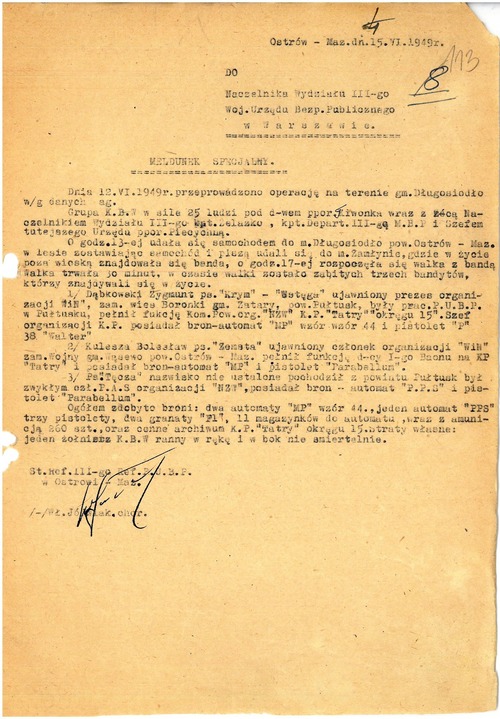 Meldunek do Wojewódzkiego Urzędu Bezpieczeństwa Publicznego w Warszawie