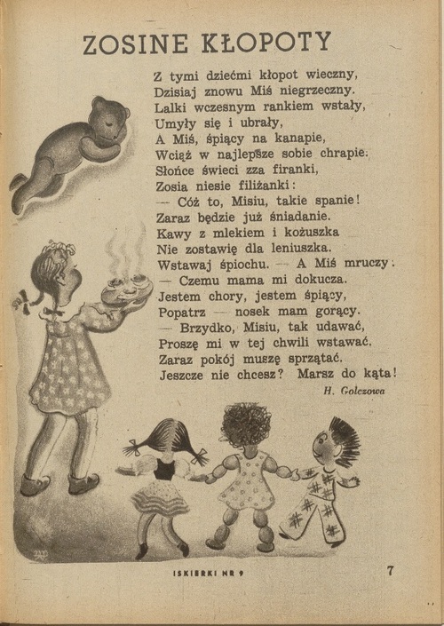 Wiersz Haliny Golczowej pt. <i>Zosine kłopoty opublikowany</i> w „Iskierkach” w 1946 r.