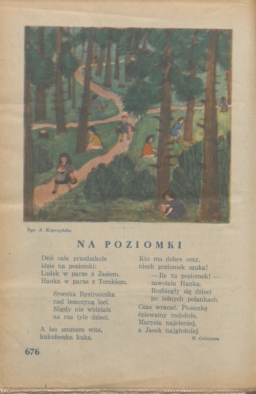 Wiersz Haliny Golczowej pt. <i>Na poziomki</i> z „Świerszczyka Iskierki” z 1951 r. z ilustracją autorstwa Anny Kopczyńskiej