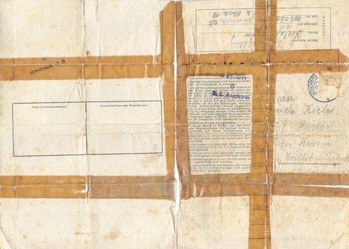 Ostatni list z obozu Auschwitz-Birkenau , który napisał 6 dni przed swoją tragiczną śmiercią - strona zewnętrzna (z zasobu IPN w Rzeszowie)