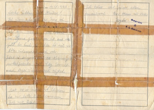 Ostatni list z obozu Auschwitz-Birkenau , który napisał 6 dni przed swoją tragiczną śmiercią - strona wewnętrzna (z zasobu IPN w Rzeszowie)