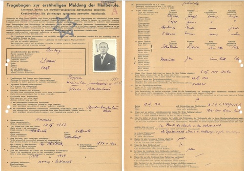 Kwestionariusz dla pierwszego zgłoszenia zawodów leczniczych dotyczący Maksymiliana Poppera. Olesko, 10 marca 1942 r. (z zasobu AIPN)