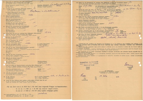 Kwestionariusz dla pierwszego zgłoszenia zawodów leczniczych dotyczący Maksymiliana Poppera. Olesko, 10 marca 1942 r. (z zasobu AIPN)