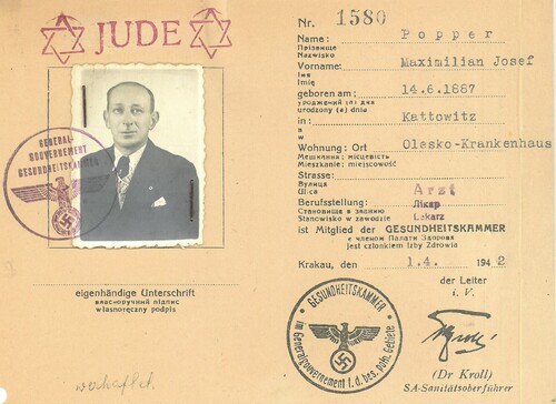 Legitymacja Maksymiliana Poppera. Kraków-Lwów, 1 kwietnia 1942 r. (z zasobu AIPN)