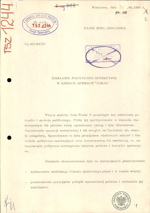 Pierwsza strona opracowania pt. „Działania polityczno-operacyjne w ramach operacji »Zorza«” autorstwa płk. Zenona Płatka, dyrektora Departamentu IV MSW zajmującego się rozpracowywaniem Kościoła katolickiego w Polsce (z zasobu IPN)