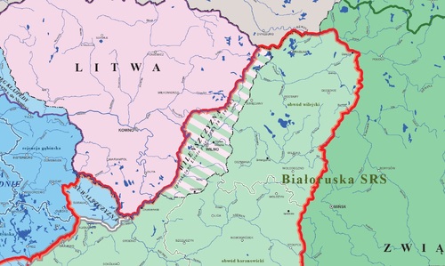 Wileńszczyzna we fragmencie mapy okupowanych ziem Polski, stan z końca 1939 roku (grafika do puzzli edukacyjnych IPN – <i>IV rozbiór Polski</i>)
