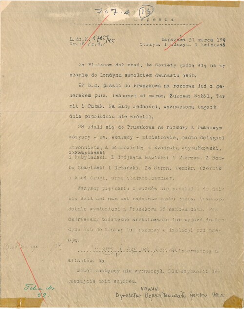 Depesza z 31 marca 1945 roku w sprawie aresztowania przywódców Polskiego Państwa Podziemnego