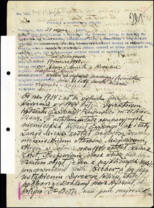 Przesłuchanie świadka Jana Delingowskiego przez sędziego Sądu Apelacyjnego w Warszawie Stanisława Rybińskiego, „deleg. do Komisji Badania Zbrodni Niemieckich”. Warszawa, 28 marca 1946 r. – pierwsza strona (z zasobu AIPN)