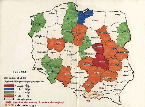 Mapa ilustrująca skalę strajków w 1976 roku, sporządzona w Ministerstwie Spraw Wewnętrznych