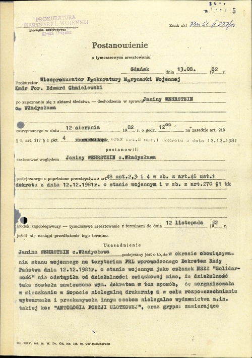 Postanowienie Prokuratury Marynarki Wojennej w Gdyni z 13 sierpnia 1982 roku o tymczasowym aresztowaniu Janiny Wehrstein