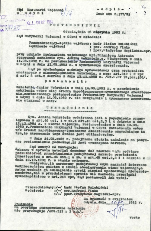 Postanowienie Sądu Marynarki Wojennej w Gdyni z 26 sierpnia 1982 roku