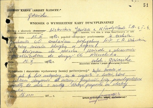 Wniosek o wymierzenie kary dyscyplinarnej Janinie Wehrstein z 16 listopada 1982 roku