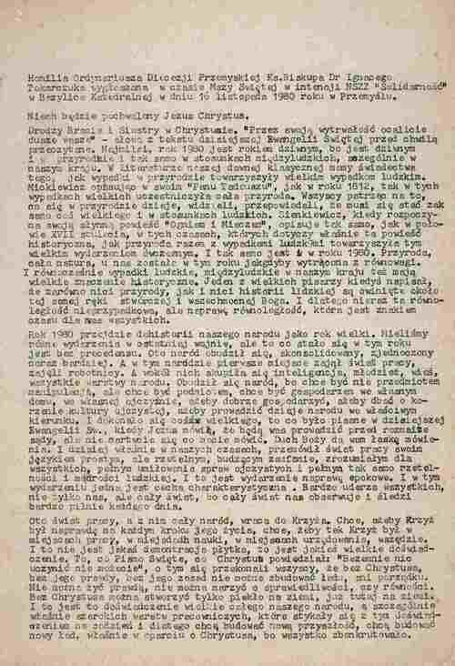 Homilia biskupa Tokarczuka wygłoszona podczas mszy św. w intencji „Solidarności” w przemyskiej katedrze 16 XI 1980 r.