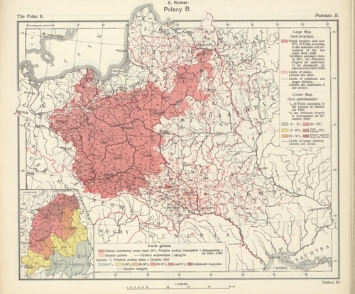 Mapa etnograficzna rozmieszczenia ludności polskiej autorstwa Eugeniusza Romera, wykorzystana przez delegację Polski na konferencji paryskiej