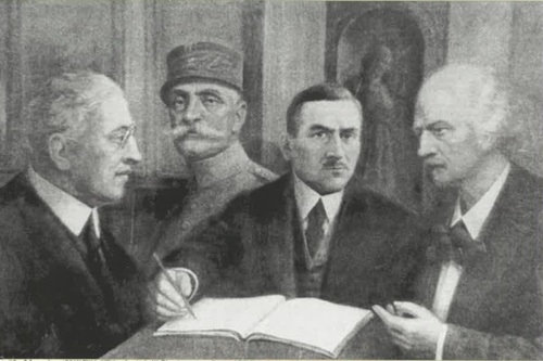Prezydent Woodrow Wilson, marszałek Ferdinand Foch, Roman Dmowski i Ignacy Paderewski, obraz olejny Kazimierza Szmyta <i>Podpisanie układu wersalskiego</i>, 1923 r. Fot. Muzeum Niepodległości