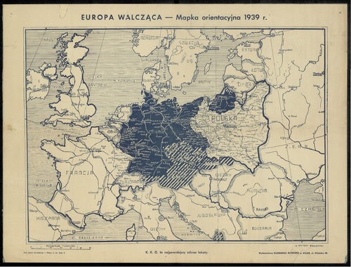 Europa walcząca - mapka orientacyjna 1939 r. rys. Antoni Jan Gołębniak, wyd. Kazimierza Rutskiego, druk Józefa Zawadzkiego, Wilno [non ante 1939] (ze zbiorów Biblioteki Narodowej)