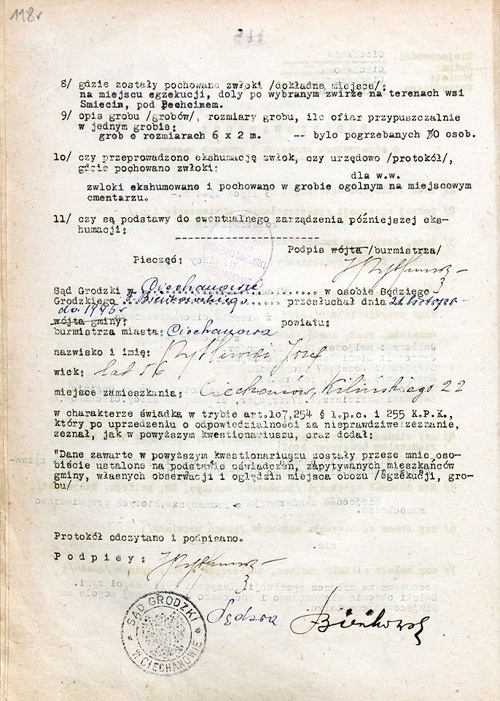 Kwestionariusz o grobach masowych i egzekucjach masowych dotyczący egzekucji dokonanej 3 lipca 1944 roku na trzydziestu Polakach w odwecie za zamordowanie przez nieznanych sprawców ogrodnika niemieckiego nazwiskiem Podlik, wypełniony przez sędziego Sądu Grodzkiego w Ciechanowie na podstawie oświadczeń, zapytywanych mieszkańców gminy, własnych obserwacji i oględzin miejsca obozu/egzekucji, grobu/. Ciechanów, 21 listopada 1945 roku. Wbrew danym zawartym w kwestionariuszu figurujący jako ofiara egzekucji w Śmiecinie Miedzowski Andrzej, lat 51, rolnik z Kotermania, gmina Regimin, zginął w obozie w Pomiechówku 30 lipca 1944 roku