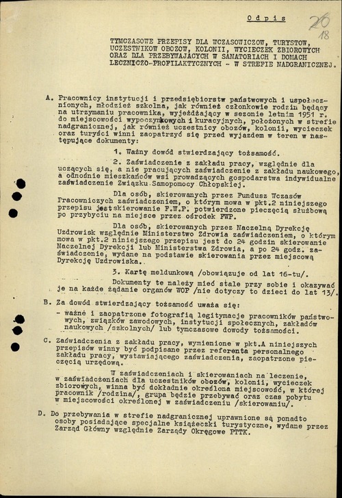 Tymczasowe przepisy dla wczasowiczów, turystów, uczestników obozów, kolonii, wycieczek zbiorowych oraz dla przebywających w sanatoriach i domach leczniczo-profilaktycznych w strefie nadgranicznej, wydane przez Prezydium Rady Ministrów 16 czerwca 1951 r. (z zasobu IPN)