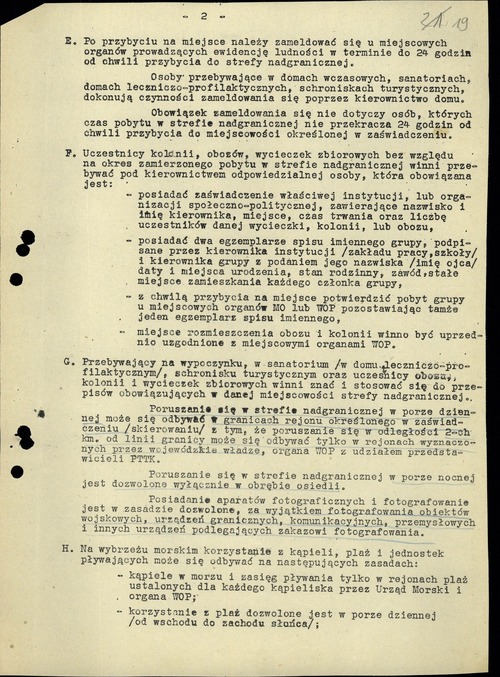 Tymczasowe przepisy dla wczasowiczów, turystów, uczestników obozów, kolonii, wycieczek zbiorowych oraz dla przebywających w sanatoriach i domach leczniczo-profilaktycznych w strefie nadgranicznej, wydane przez Prezydium Rady Ministrów 16 czerwca 1951 r. (z zasobu IPN)