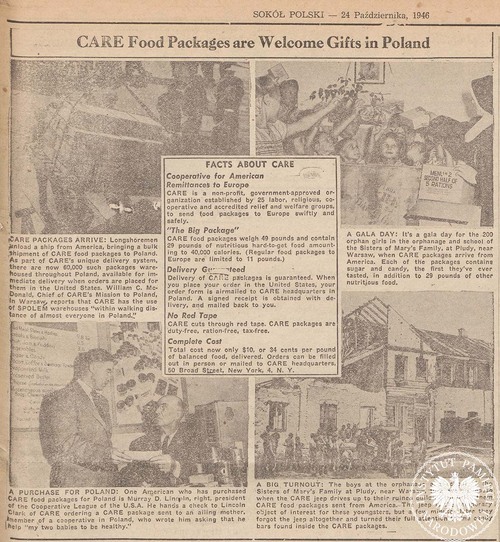 Page from an article in Polish diaspora daily Polish Falcon, from October 24, 1946, informing about the activity of CARE. The article was donated to the Institute of National Remembrance Archive by the Polish Falcons’ Alliance of America in 2019.