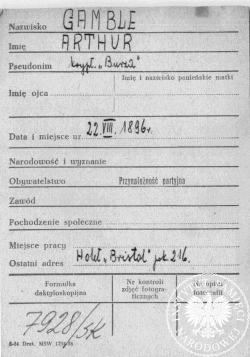 An index card from the Ministry of the Interior collection concering Mr. Arthur Gamble, the head of the CARE mission in Poland between 1947 and 1949 (source: IPN Archives). Below Mr. Gamble&amp;#039;s name and last name an operational case codenamed &amp;quot;Burza&amp;quot; (&amp;quot;Tempest&amp;quot;) was listed. At the bottom of the card we can also see his latest address in Warsaw: Bristol Hotel, Room 216.