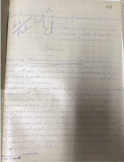 Pismo Stanisławy Judyckiej do wojewody białostockiego, 3 IX 1945 r.