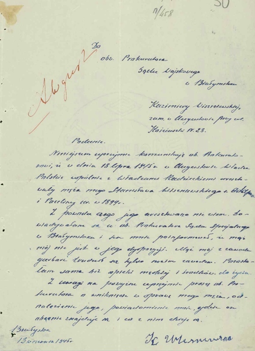 Pismo Kazimiery Wiśniewskiej do Wojskowej Prokuratury Garnizonowej w Białymstoku, 13 IX 1945 r.