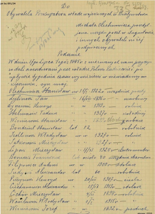 Pismo Michała Olechnowicza do Wojskowej Prokuratury Garnizonowej w Białymstoku, 20 IX 1945 r. (zbiory AIPN w Warszawie)